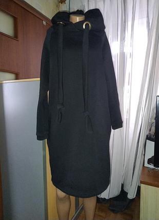 Теплое платье-туника с капюшоном, размер м