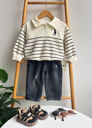 Костюм 119, р.80,90,100,110,120, коттон+джинс, молочный полоска/синий