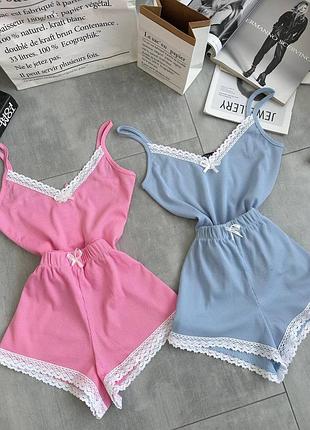 Нежная пижамка майка и шорты с кружевом, костюм для дома, пижама