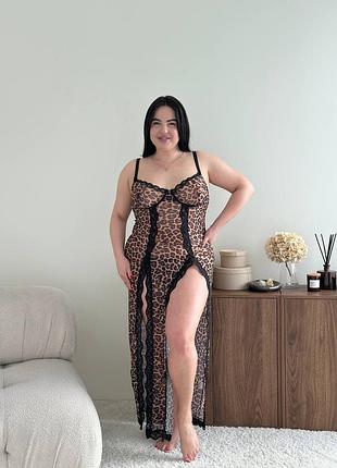 Макси платье пеньюар сетка леопардовый принт кружевной кружево тонкие бретельки чашки косточки