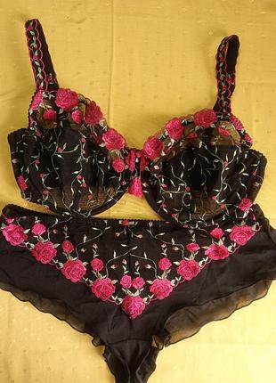 Бюстгалтер і трусики, сіточка, вишивка, комплект білизни 80f/44-46
