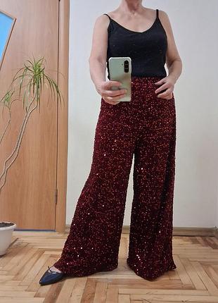 Шикарные трикотажные широкие брюки в пайетках, размер 14-16