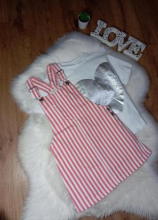 Стильний літній набір на 6-7 років від f&f біла футболка та джинсовий сарафан в смужку