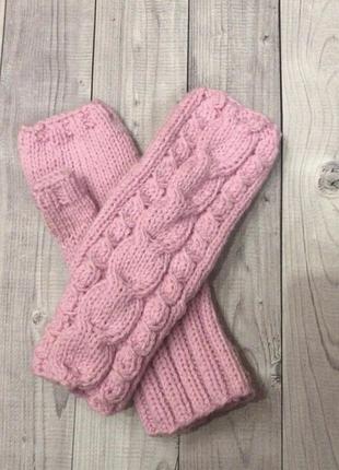Мітенки ніжні рожеві рукавички рукавиці в'язані шерсть2 фото