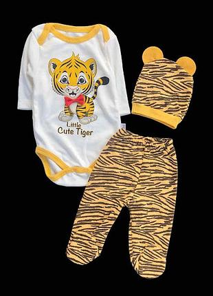 Комплект 3в1: боди с длинным рукавом, ползунки, шапочка «тигреня”, хлопок тм “minibird”