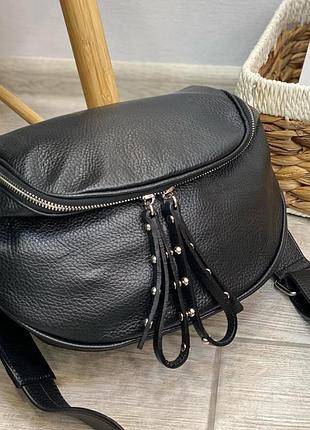 Бананка шкіряна жіноча, поясна якісна класична на щодень, чорна італія