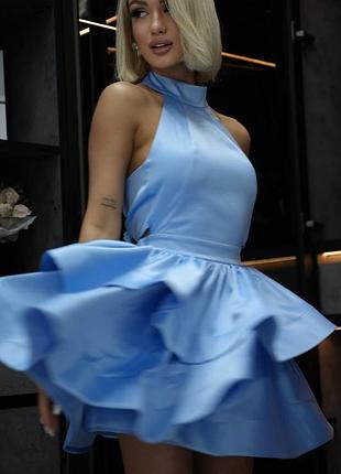 Жіноча коктейльна вечірня святкова коротка сукня міні із пишною спідницею baby doll блакитна