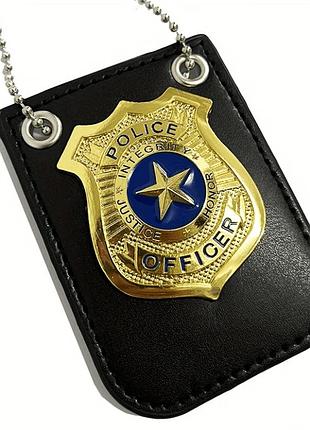 Жетон, знак, офіцера поліції значок на ланцюжку. метал, шкіра. золото 9.5х7.5см