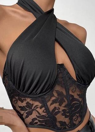 Чорний топ - корсет на завʼязках з мереживом