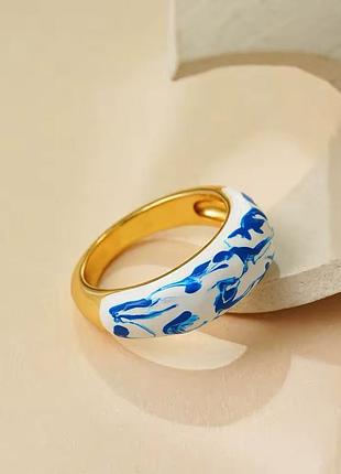 Кільце біло - синя емаль нержавіюча сталь