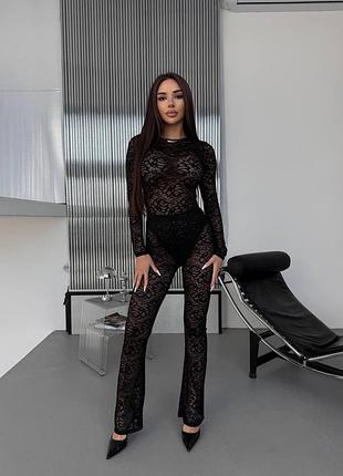 Жіночий гіпюровий костюм комплект двійка лосини лосіни і боді