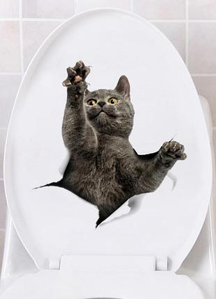 Декоративная виниловая наклейка на стену на туалет серый кот с лапкой 23*22 см