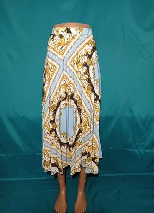 Юбка миди плисерированная легкая голубая желтая, интересный принт размер l xl недорого