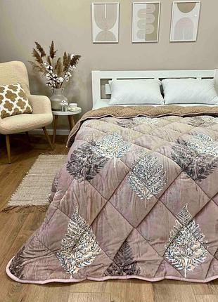 Ковдра-покривало на овчині з рослинним принтом 150×210 / 195×215 см світло-коричнева