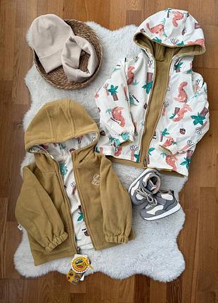 Детская куртка двусторонняя на весну утеплена для мальчиков для девочек с динозавриками не промокает