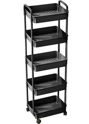 Полка на колесах пластиковая 5 ярусов напольная тележка для кухни, ванной комнаты этажерка на колесиках черный