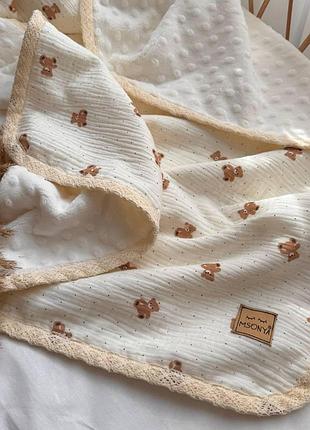 Плед муслин+wellsoft с кружевом мишки и точки