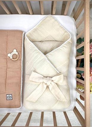 Плед-конверт муслин с полубубонами крем