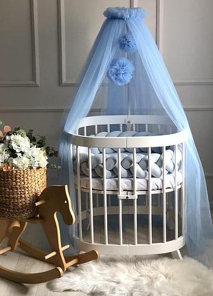 Балдахин с помпонами голубой