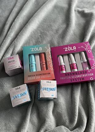 Продукція zola для ламінування вій. захисний крем, пудра, складники для ламінування color lab emotion, protein reconstruction system