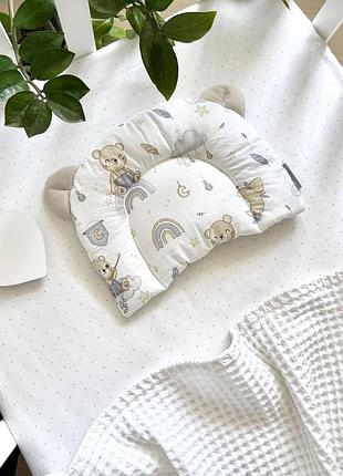 Подушка с ушками поплин мишка с радугами голубой (130046)