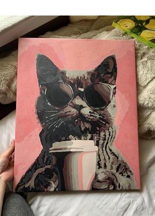 Картина з кристаллами котик з кавою «добрий ранок» 40*50см