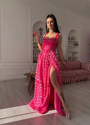 Платье женское розовое / малиновое платье макси / розовое вечернее платье / розовое платье с чашками / розовое платье с разрезом на ноге / розовое платье с бабочками