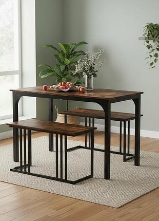 Комплект меблів costway decima коричневий: обідній стіл 120 см, лавка, 2 табурети, стиль loft