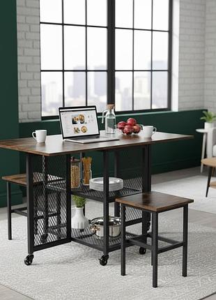 Комплект мебели costway design loft коричневый: раскладной стол, 2 стула, полки, на колесиках