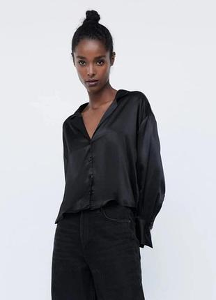 Атласная классическая черная рубашка zara блузка
