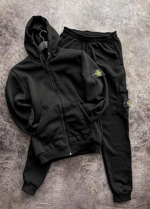 Чорний чоловічий спортивний теплий костюм на флісі stone island