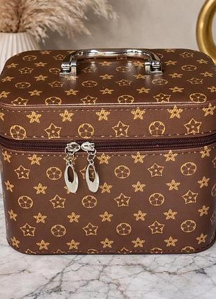 Косметичка кейс для косметики 22х16х14 см из эко-кожи с ручкой, коричневая