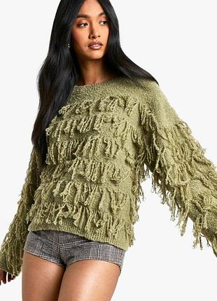 Светр хакі джемпер вʼязаний з бахромою