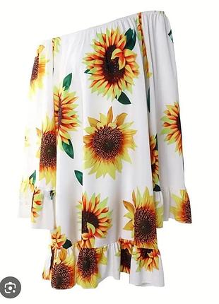 Белая женская туника батал большой размер 5 хл с подсолнухами