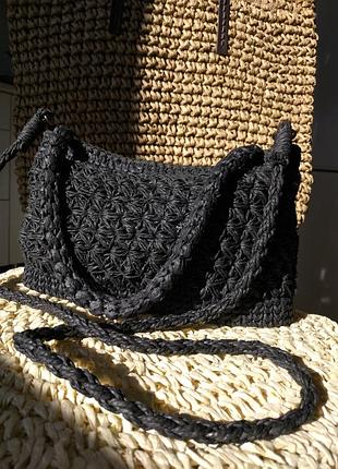 Черная сумка/сумочка ручной работы/из рафии/плетеная/вязаная/вязанная/крючком/ "соломенная"