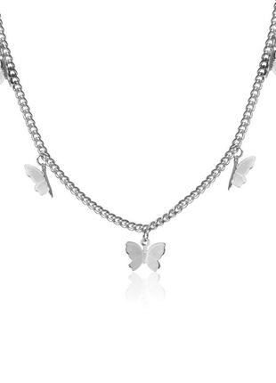 Цепочка с подвесками бабочками серебро, ожерелье чокер бабочки2 фото