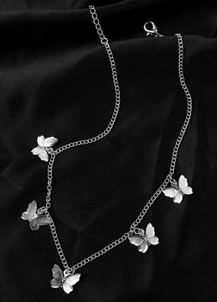 Цепочка с подвесками бабочками серебро, ожерелье чокер бабочки4 фото