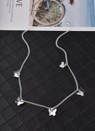 Цепочка с подвесками бабочками серебро, ожерелье чокер бабочки5 фото