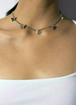 Ланцюжок з підвісками метеликами срібло, намисто чокер метелики