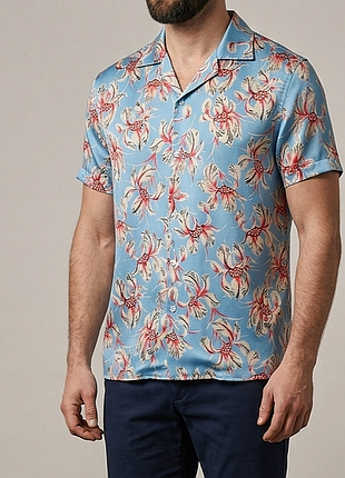 Рубашка zara мужская м-s атласная стильная голубая орнамент цветы модная зара