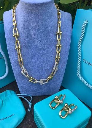 Tiffany тиффани подвеска цепь крупная золото с цирконием и крупные серьги hardwear