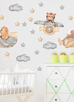 Наклейка декоративная виниловая на стену на шкаф на обои на мебель детская "животные на самолетах" 58*61см