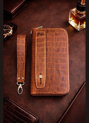 Кошелек кожаный большой на молнии клатч мужской или женский ручной работы с тиснением рептилия коричневый цвет