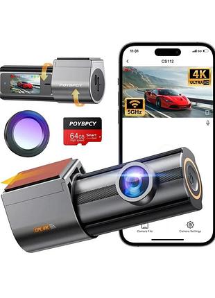 Видеорегистратор автомобильный poybpcy cs112 4k ultra hd с cpl-фильтром, wi-fi 5g, дисплеем 1,47" и sd-картой