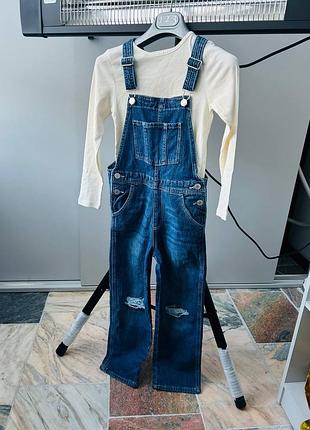 Джинсовый комбинезон + реглан h&amp;m 128/134 6-8 р.