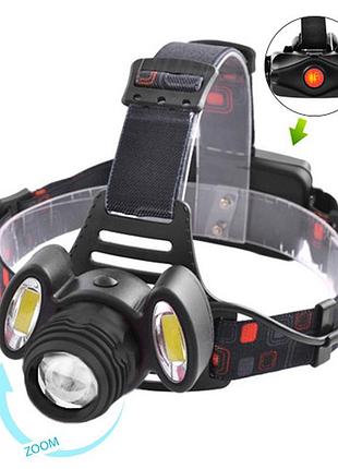 Налобный фонарик police 2117-t6+2cob, 2x18650, zoom, зу microusb, box