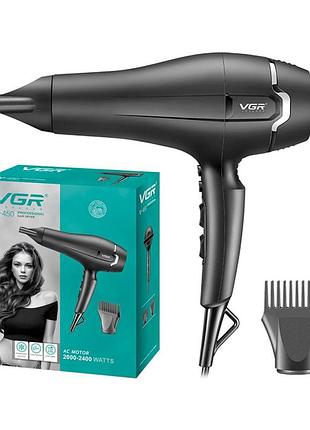 Фен профессиональный vgr v-450, turbo function, 4 уровня температуры, 4 уровня обдува, 2 насадки, 2000-2400вт