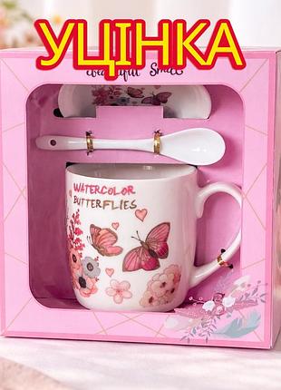 Уценка! керамическая чашка с ложечкой и блюдцем 350 мл "париж" (поврежденная подарочная упаковка)