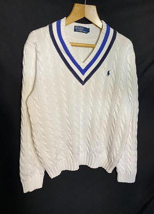 Белый теннисный джемпер с v-образным вырезом из кабельной вязки от polo ralph lauren