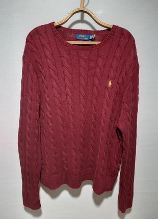 Polo ralph lauren бордовый cвитер в косы 100% хлопок xl оверсайз